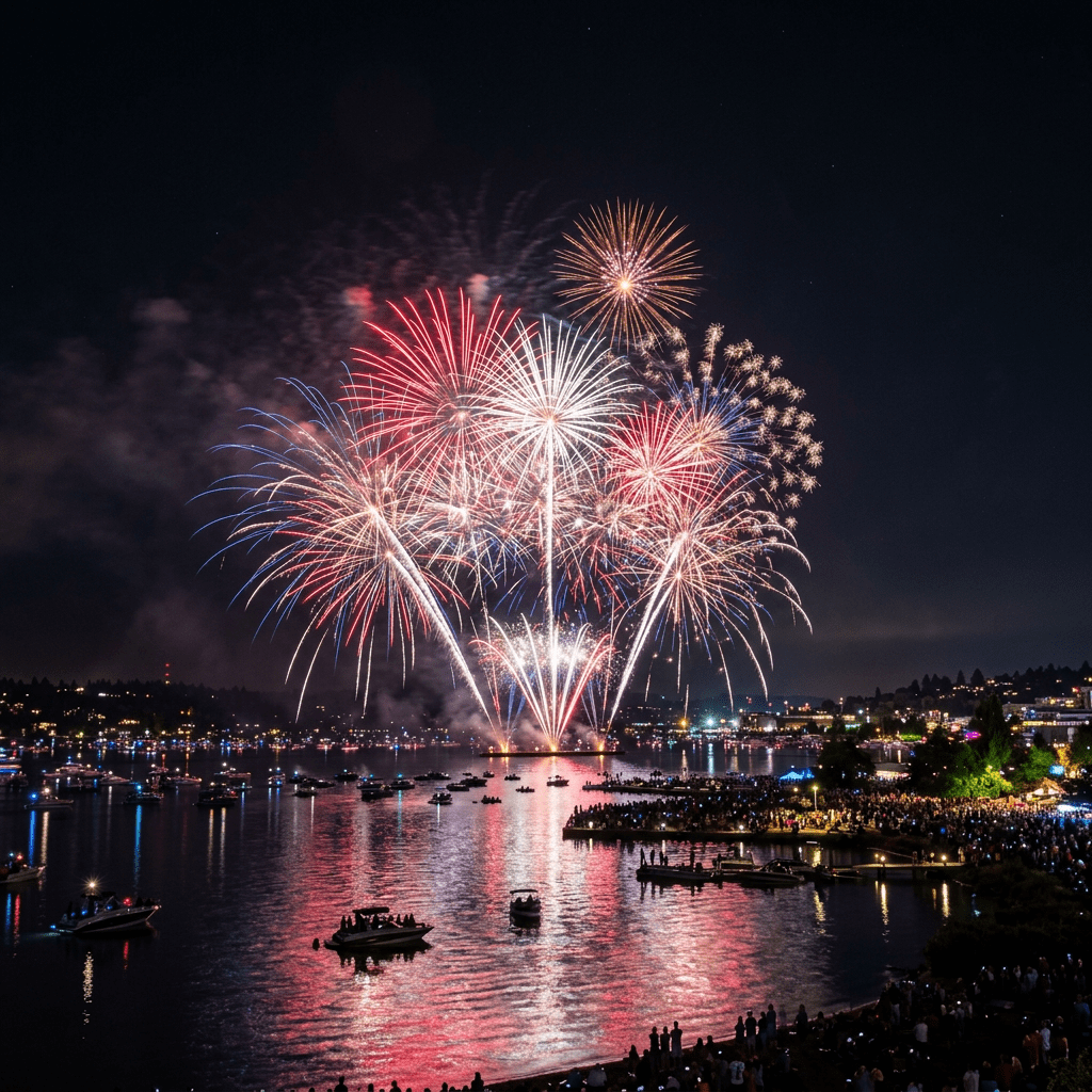 Fireworks exploding over a lake with boats and a crowd gathered on the shore at night